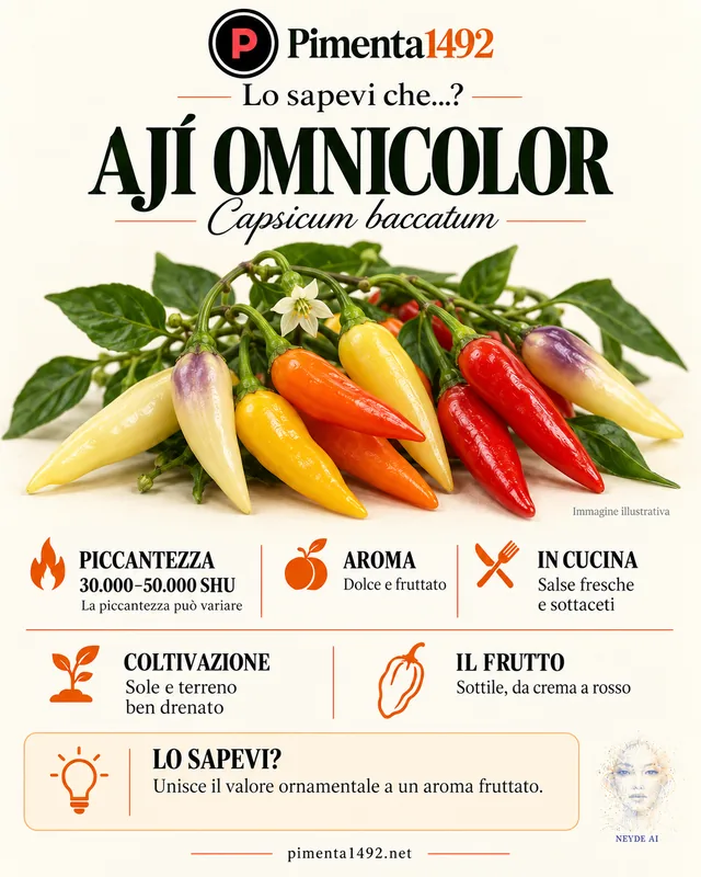 Scheda illustrata approvata della varietà Ají Omnicolor.