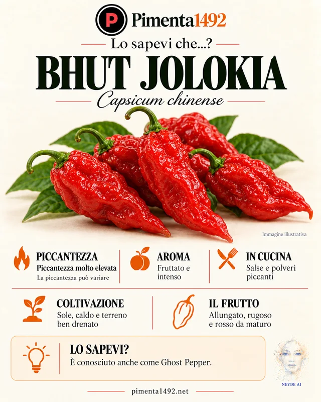 Scheda illustrata approvata del Bhut Jolokia, noto anche come Ghost Pepper.