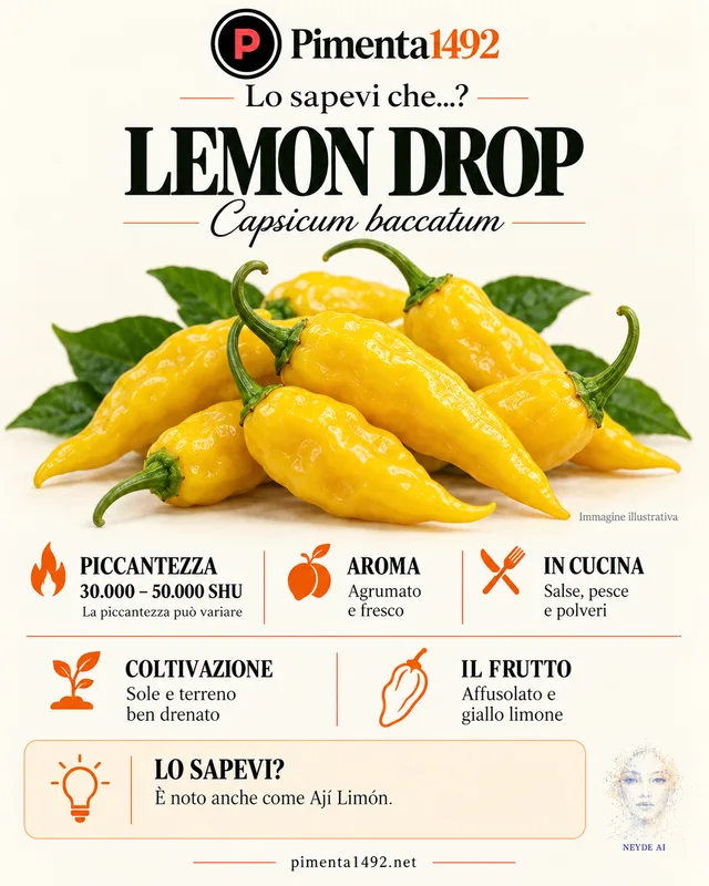 Scheda illustrata approvata della varietà Lemon Drop, nota anche come Ají Limón.