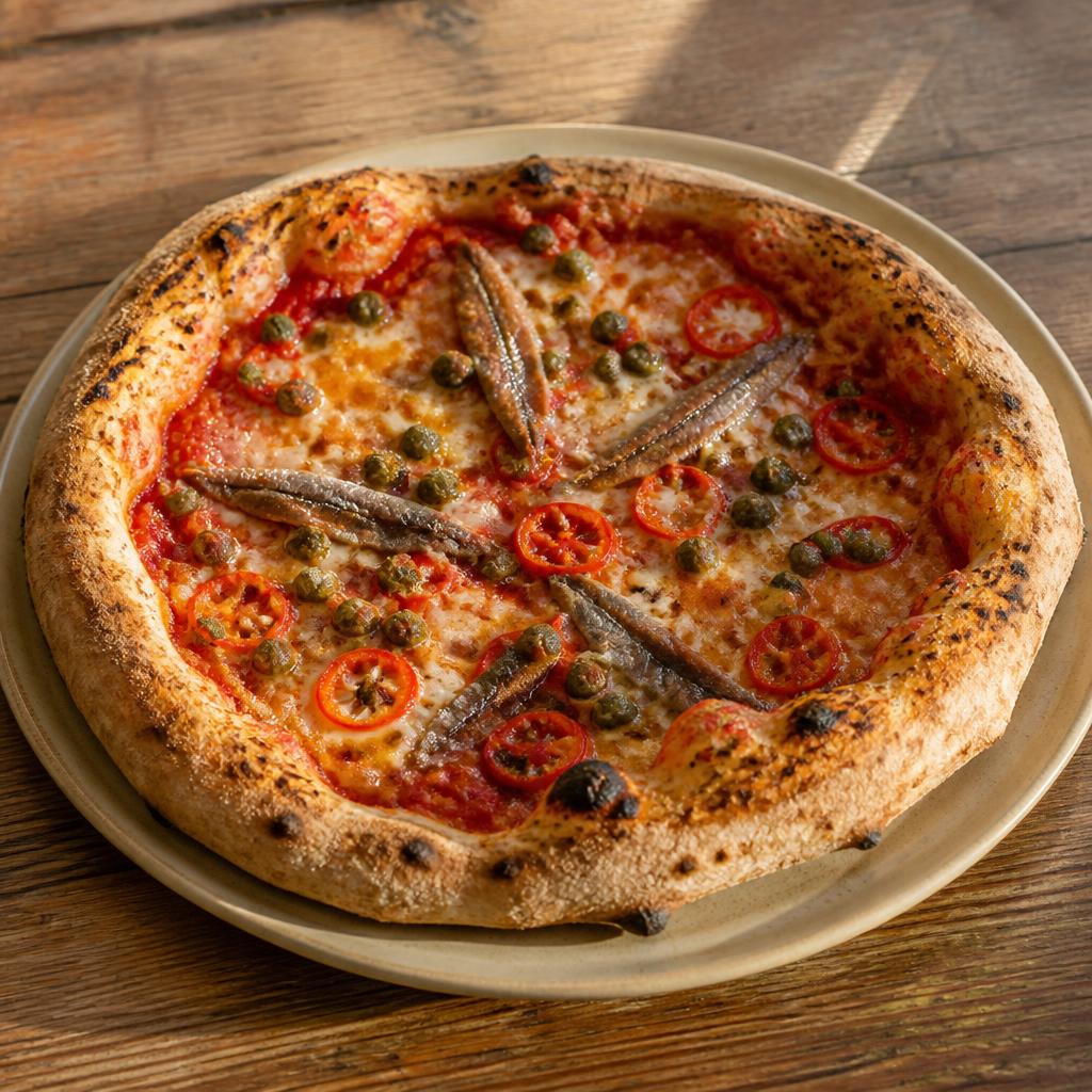 Pizza rossa con filetti di acciuga, capperi e olive nere