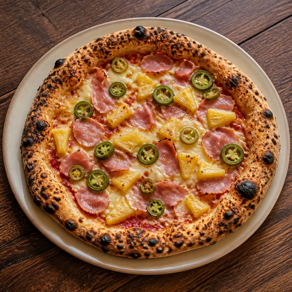 Pizza con ananas a cubetti, prosciutto cotto e Jalapeño fresco