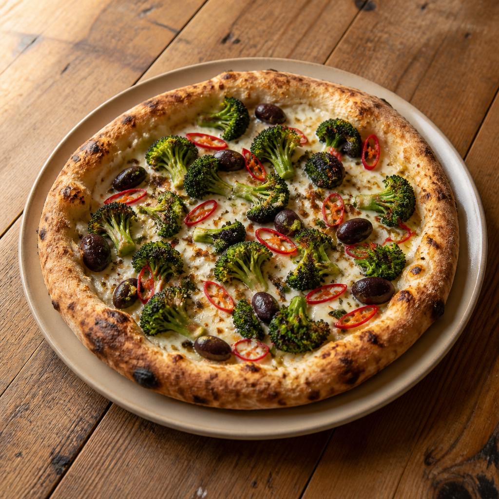 Pizza con cimette di broccoli, olive nere e briciole croccanti