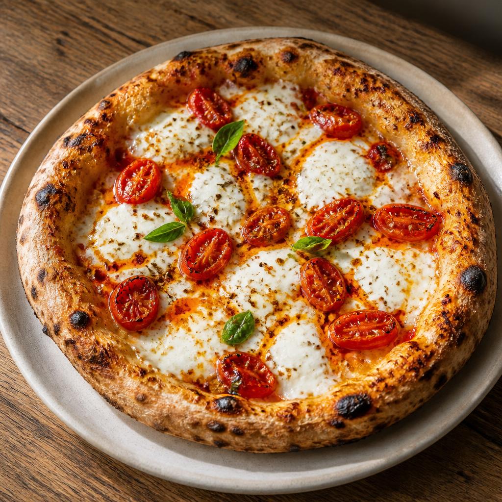 Pizza con pomodorini rossi arrostiti, mozzarella di bufala e basilico