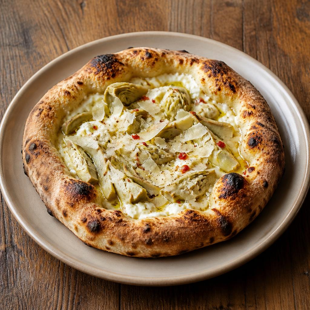 Pizza rossa con cuori di carciofo, pecorino grattugiato e scorza di limone