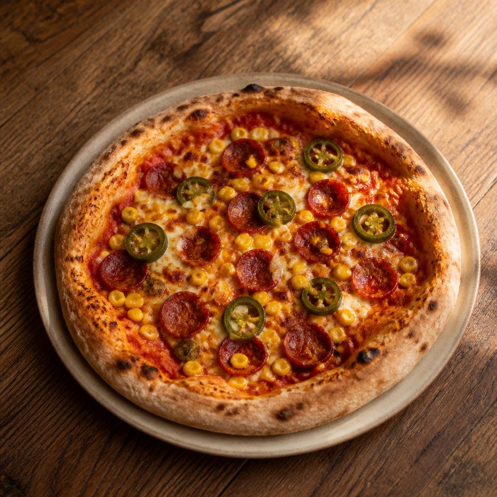 Pizza con chorizo rosolato, mais giallo e Jalapeño fresco