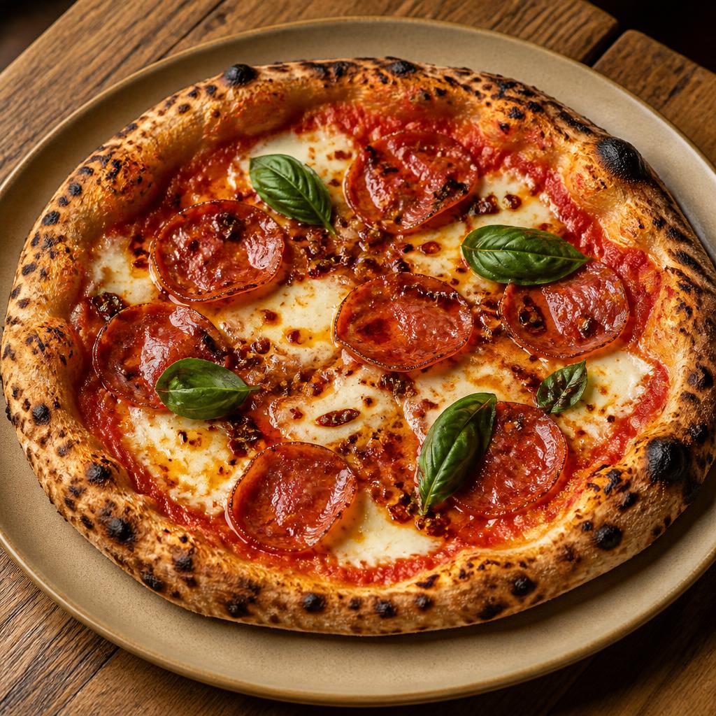 Pizza Diavola rossa con salame piccante, mozzarella e fiocchi di peperoncino calabrese