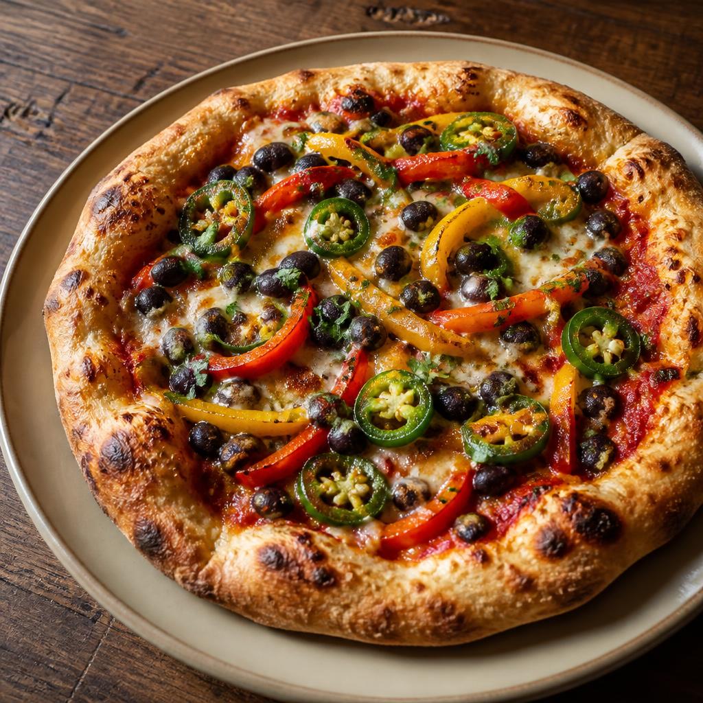Pizza vegetale con fagioli neri, peperone arrostito e Jalapeño verde