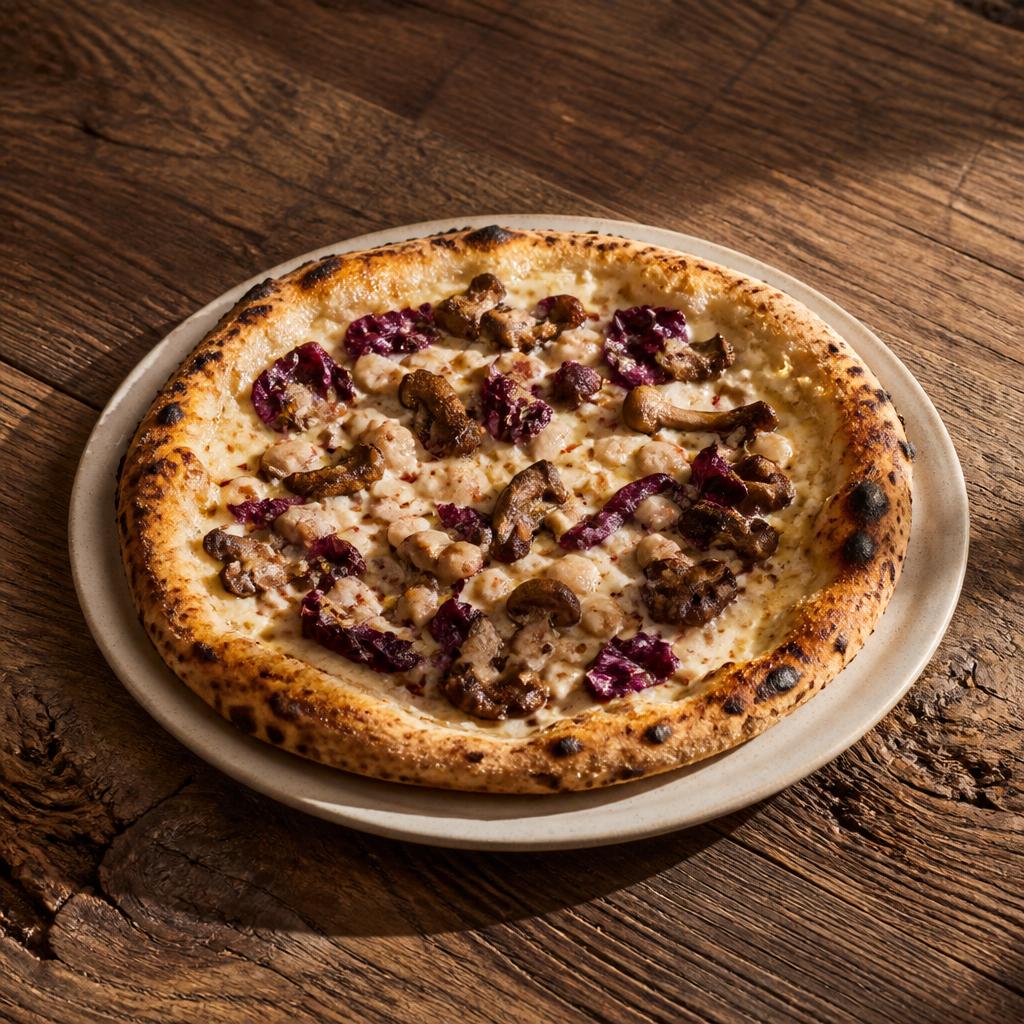 Pizza vegana con crema di cannellini, funghi rosolati e radicchio