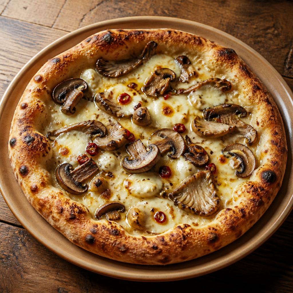 Pizza rossa con funghi rosolati, scamorza filante e prezzemolo
