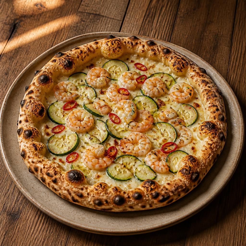 Pizza con gamberi rosa, zucchine a nastri e peperoncino fresco