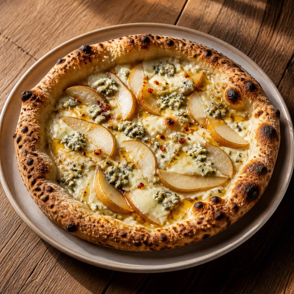 Pizza bianca con gorgonzola, fettine di pera, noci e miele piccante