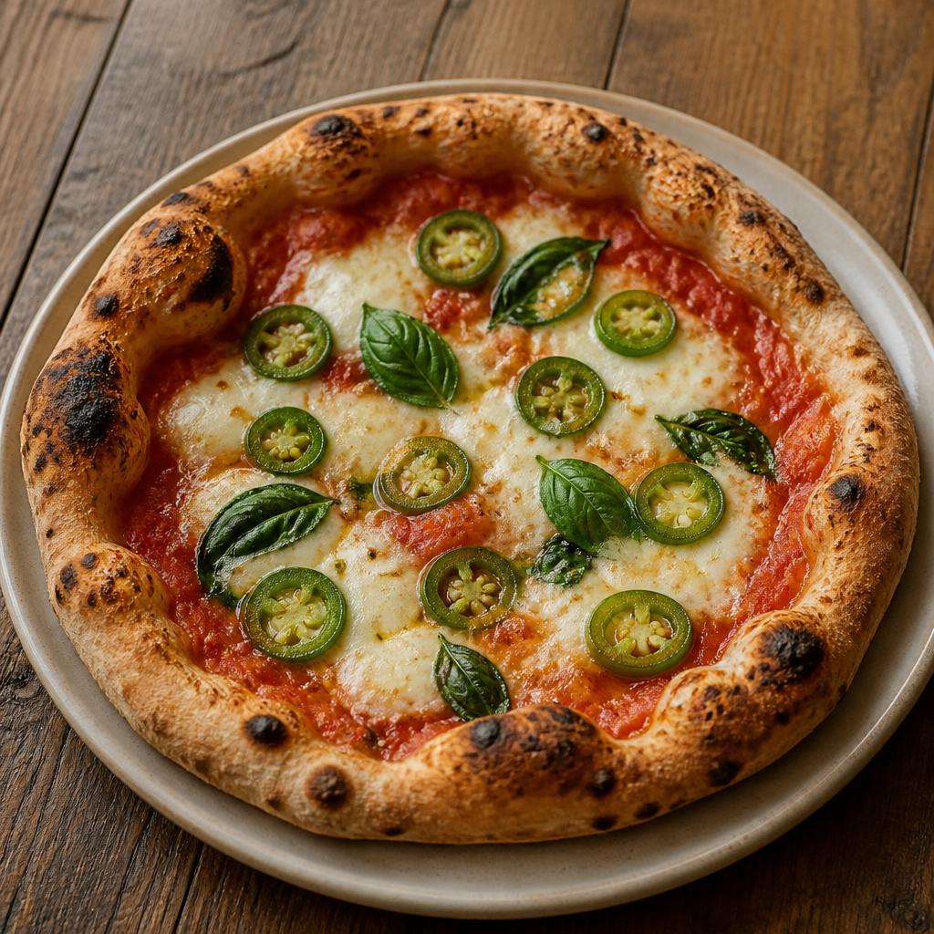 Pizza margherita con mozzarella, basilico fresco e fettine di Jalapeño verde