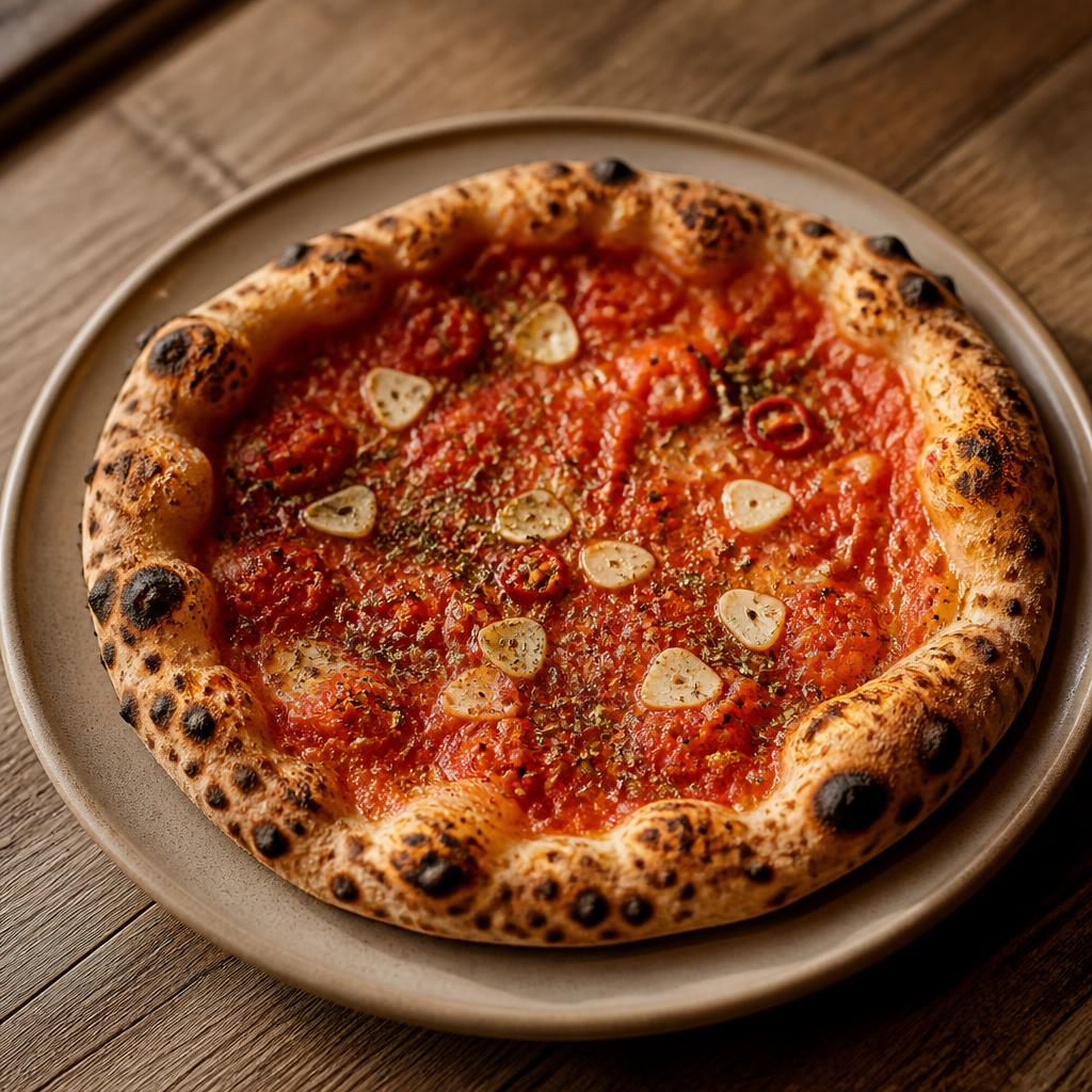 Pizza marinara con pomodoro, aglio a fettine, origano e olio al peperoncino
