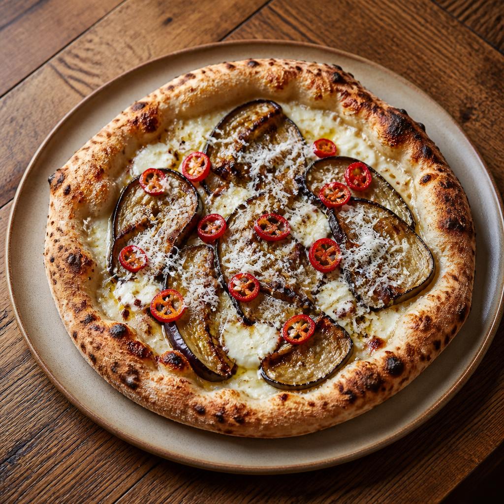 Pizza con melanzane arrostite, ricotta salata grattugiata e basilico