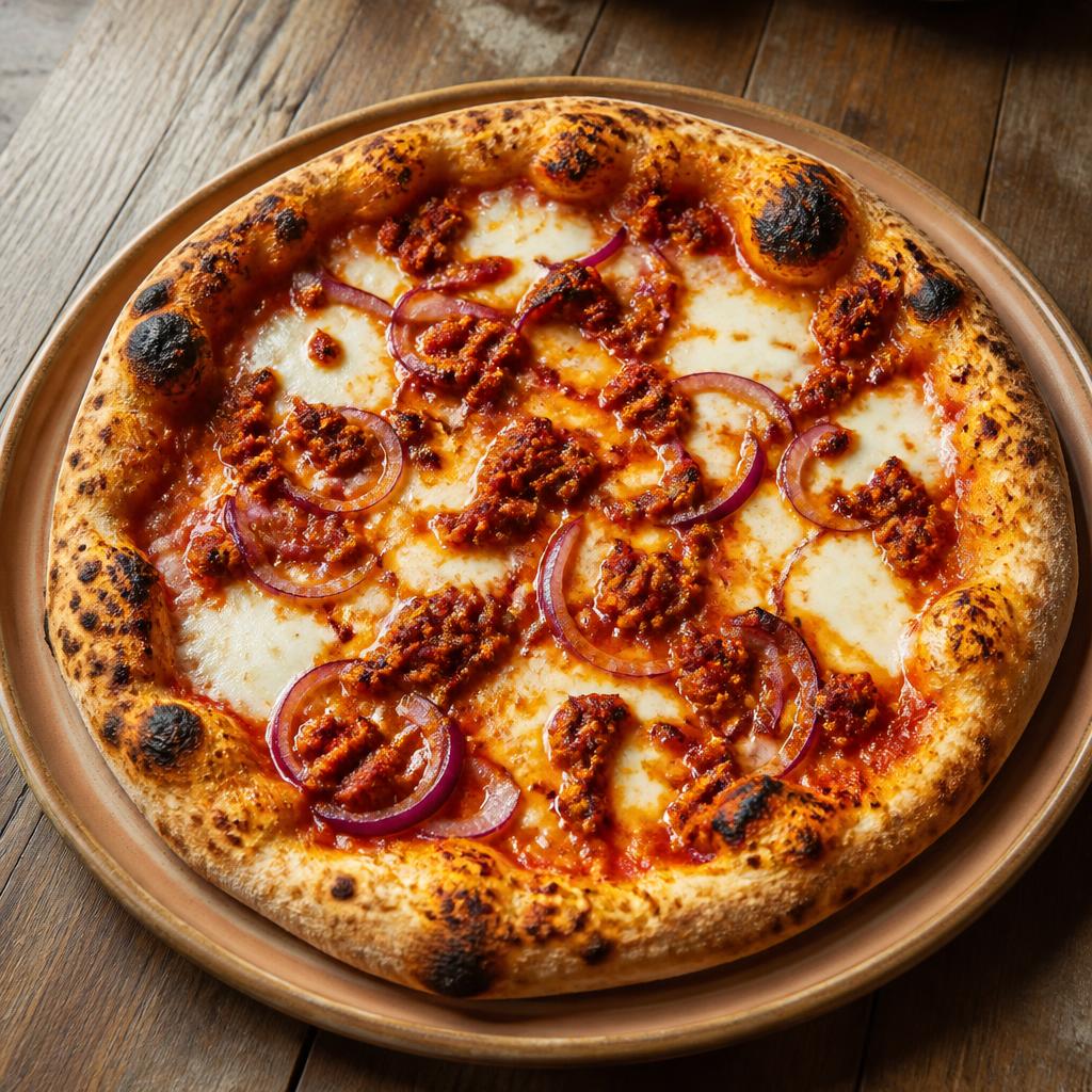 Pizza con ’nduja calabrese sciolta nel pomodoro, cipolla rossa e mozzarella