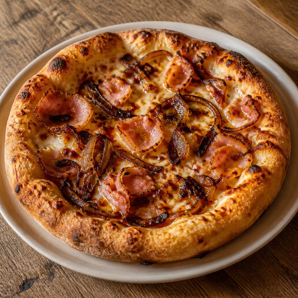 Pizza con pancetta croccante, cipolla caramellata e salsa Chipotle
