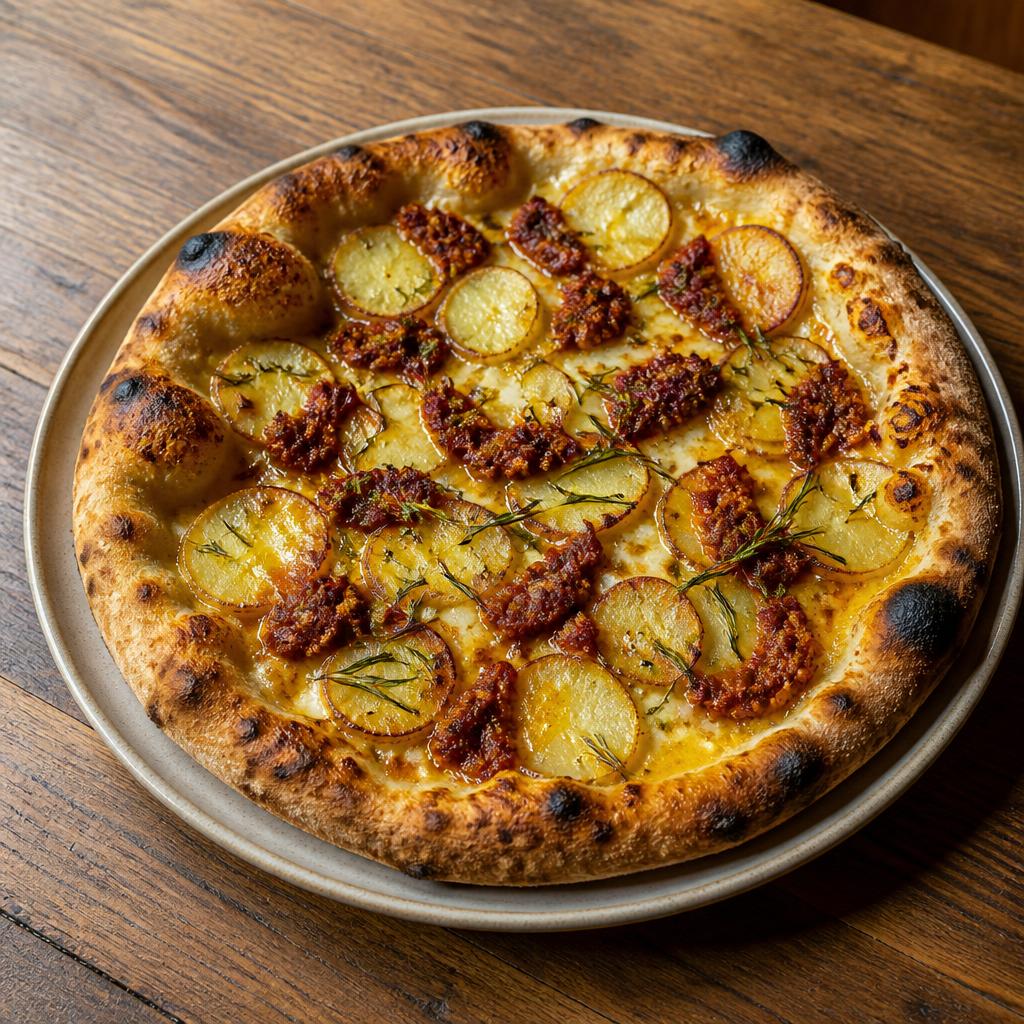 Pizza bianca con patate sottili, rosmarino e ’nduja a piccoli fiocchi