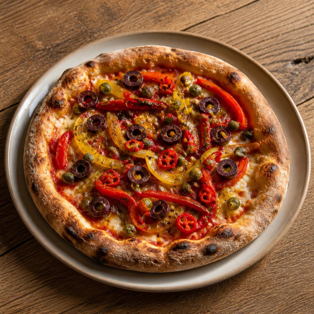 Pizza con peperoni arrostiti rossi e gialli, olive e capperi