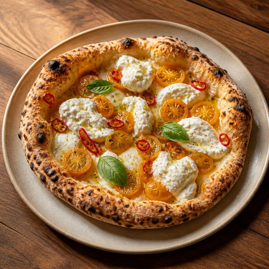 Pizza con pomodorini gialli, burrata aperta e basilico fresco