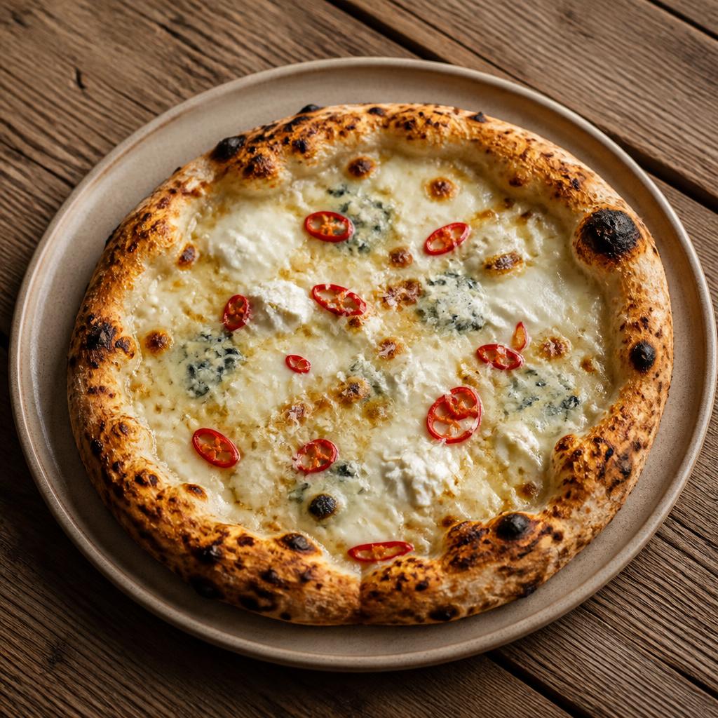 Pizza bianca con quattro formaggi fusi e peperoncino Jalapeño fresco