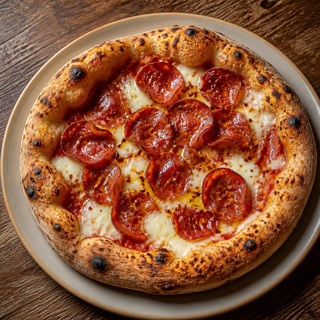 Pizza con salame piccante croccante e miele speziato versato a filo