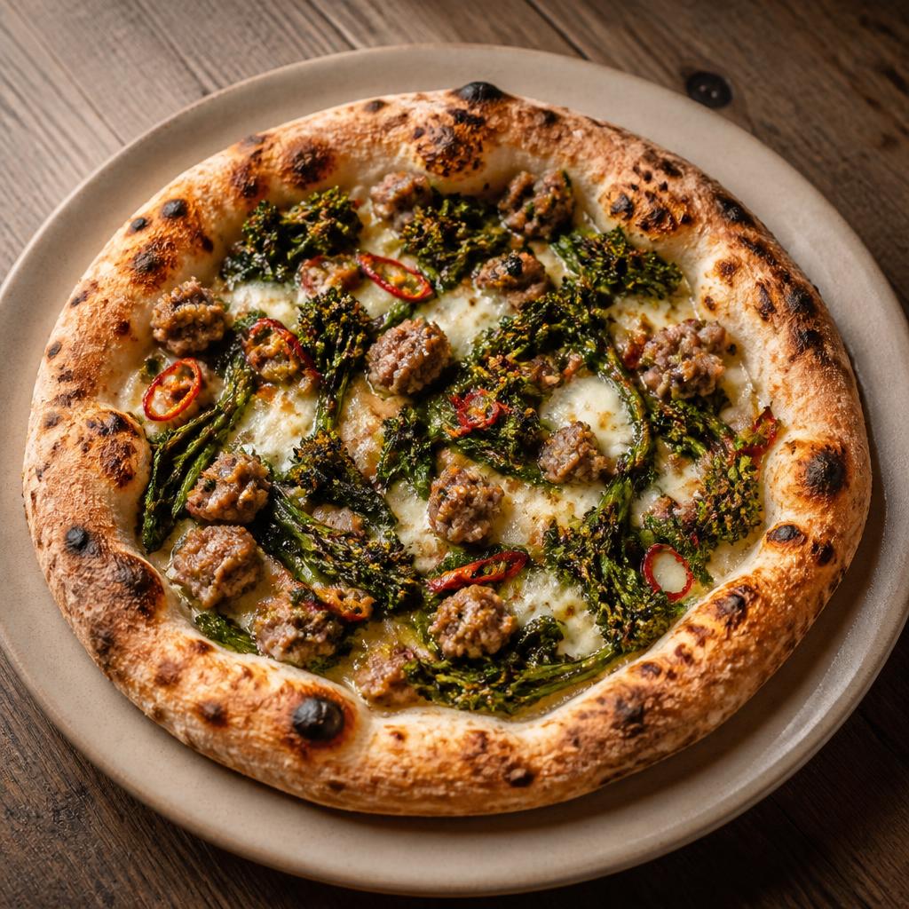 Pizza napoletana con salsiccia rosolata, friarielli verdi e provola