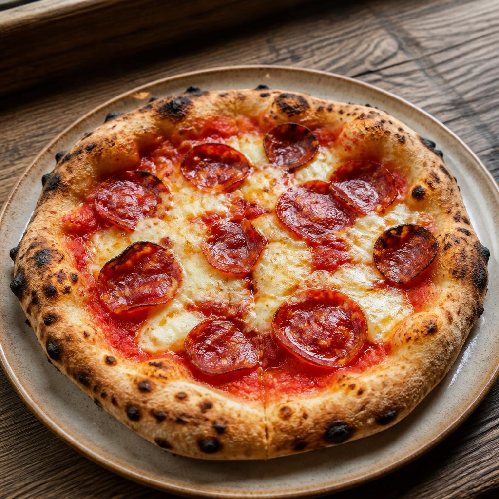 Pizza con fette di spianata piccante e provola affumicata filante
