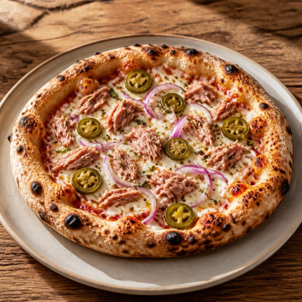 Pizza rossa con tonno, cipolla rossa e Jalapeño fresco a rondelle
