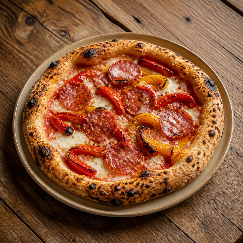 Pizza con ventricina a fette e peperoni rossi arrostiti