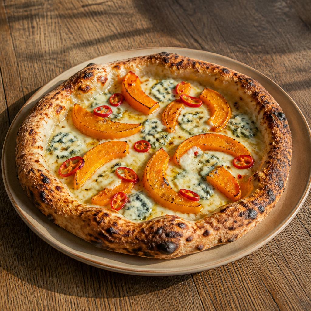 Pizza con crema di zucca arrostita, gorgonzola e semi tostati