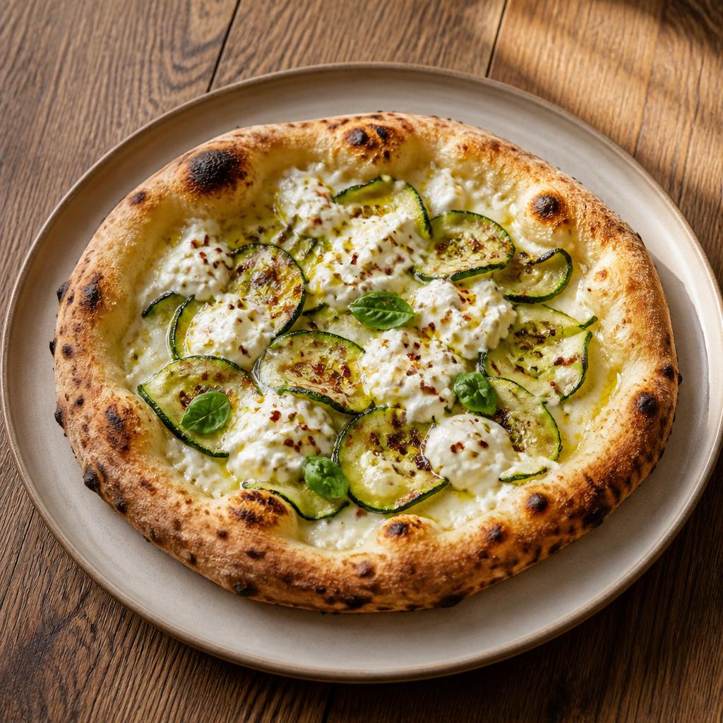 Pizza con zucchine a nastri, stracciatella cremosa e foglie di menta