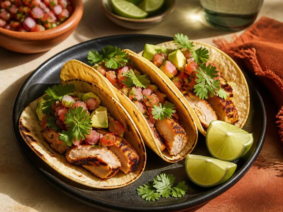 Tacos di pollo Chipotle con avocado, pomodoro fresco e coriandolo