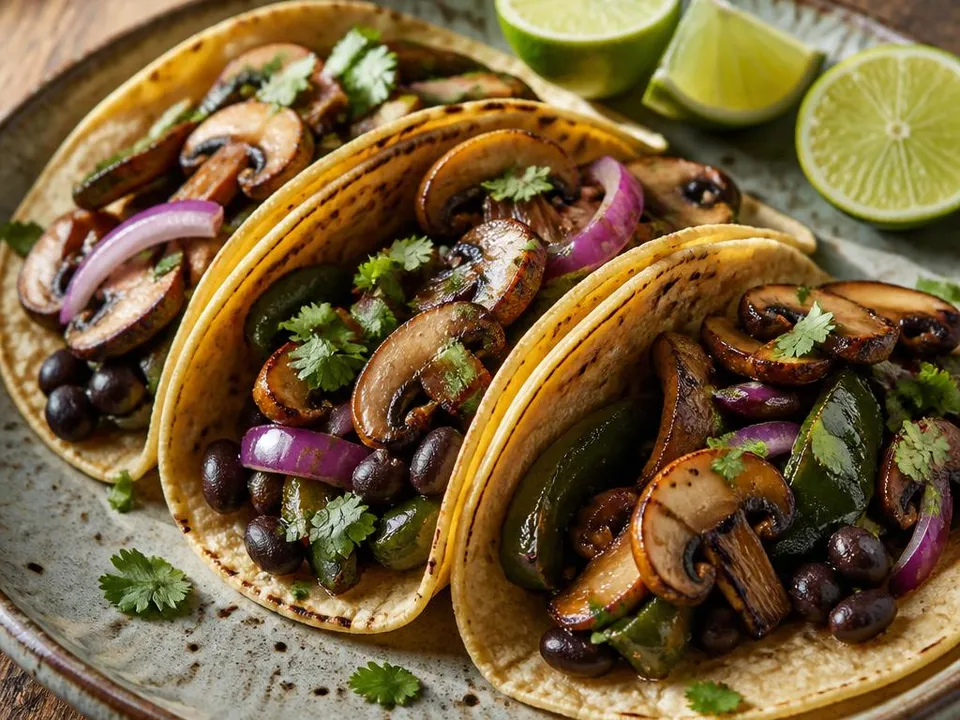 Tacos vegetariani con funghi dorati, fagioli neri e Poblano