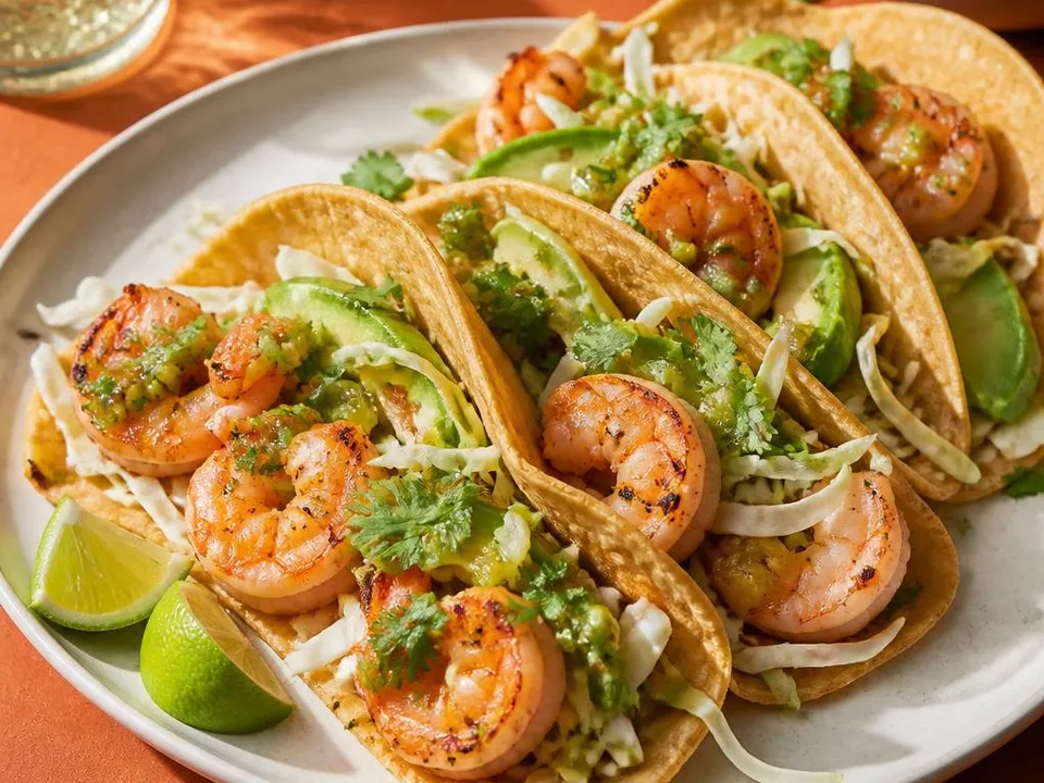 Tacos di gamberi con cavolo rosso, avocado, lime e Serrano