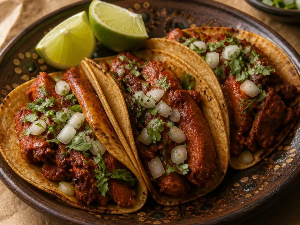 Tacos di maiale rosolato in salsa Guajillo con cipolla e lime