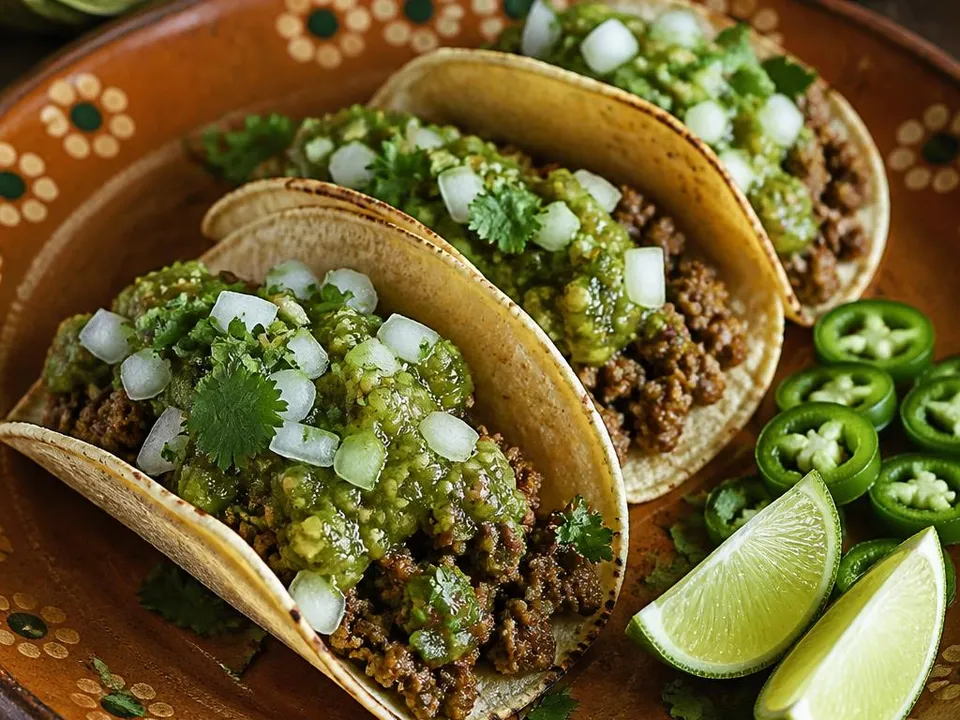 Tacos di manzo con Salsa Verde Tomatillo, coriandolo e Serrano