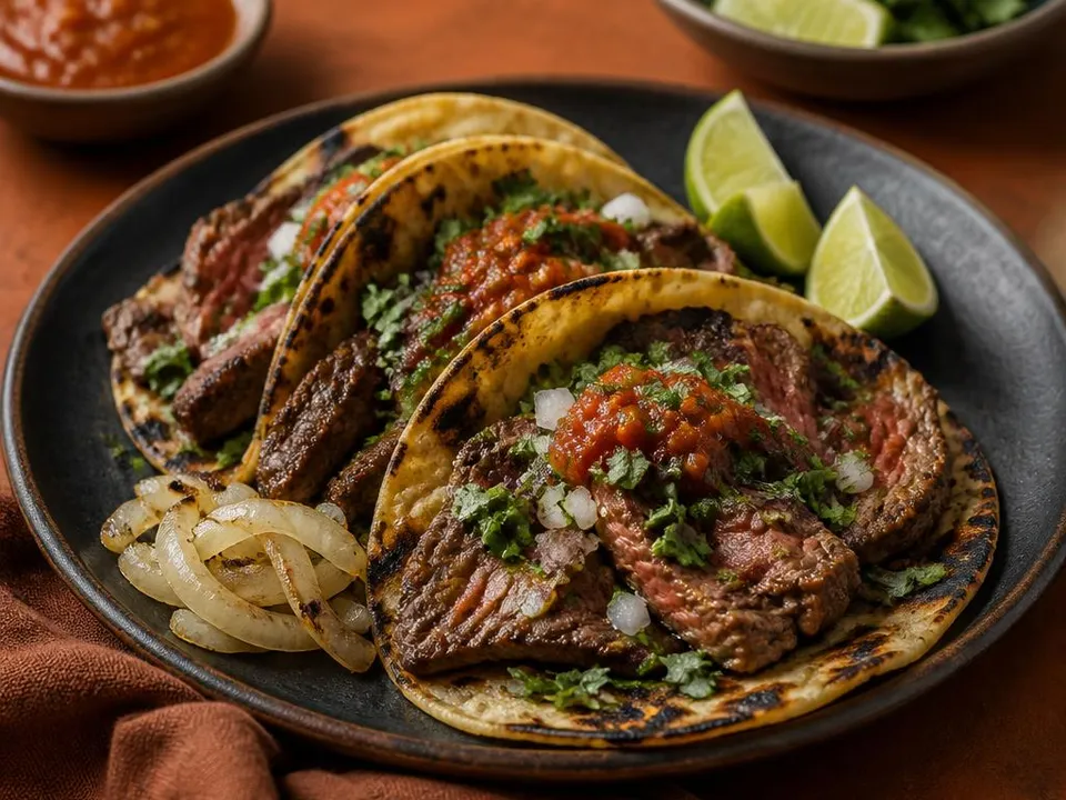 Tacos di manzo alla piastra con cipolla, lime e Serrano fresco