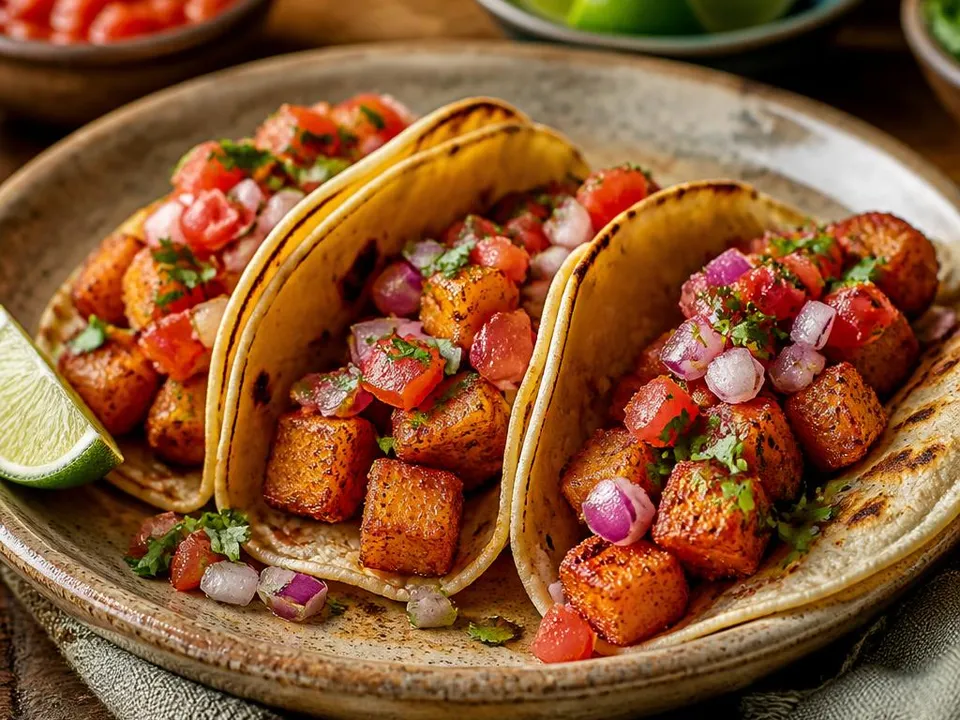 Tacos vegetariani con patate croccanti al Chipotle, pomodoro e lime