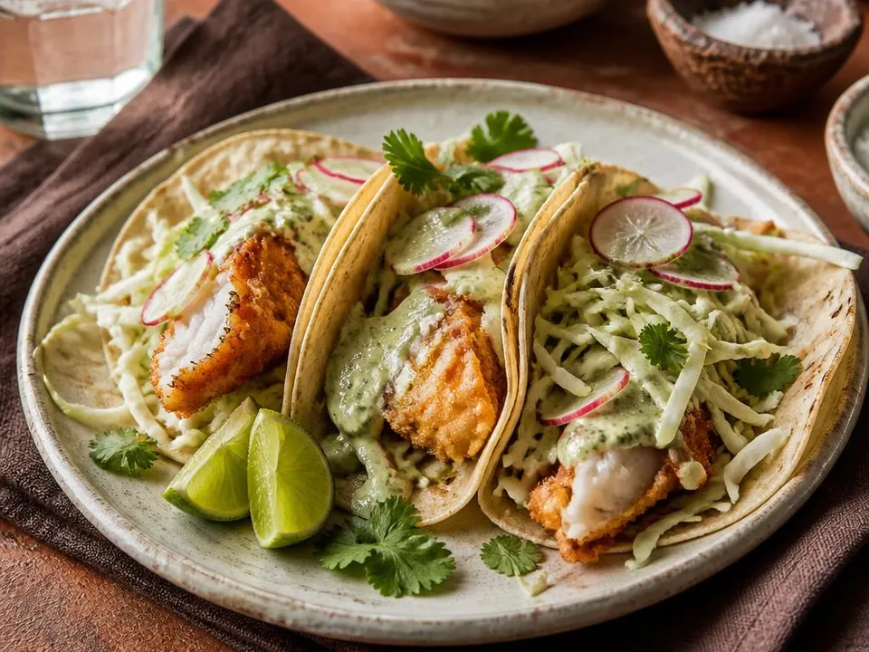 Tacos di pesce Baja con merluzzo dorato, cavolo, lime e Jalapeño